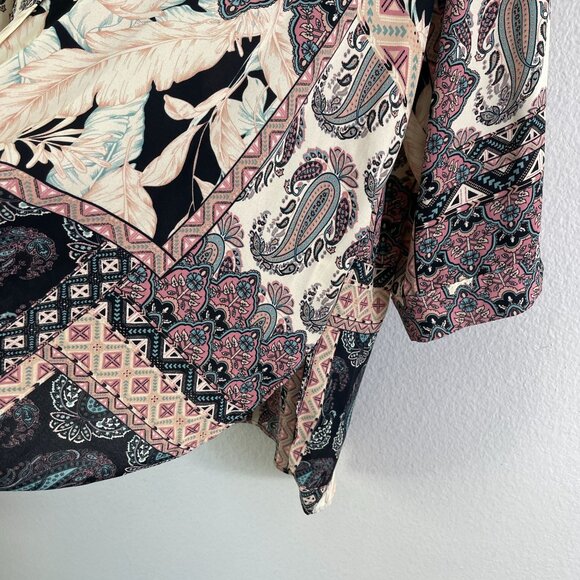 Rose + Olive Womens Plus 1X Boho Patterned Blouse 3/4 Sleeve Button Up Shirt Top - Picture 9 of 11